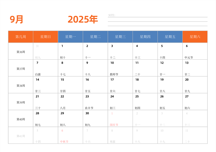 2025年日历台历 中文版 横向排版 带周数 周日开始